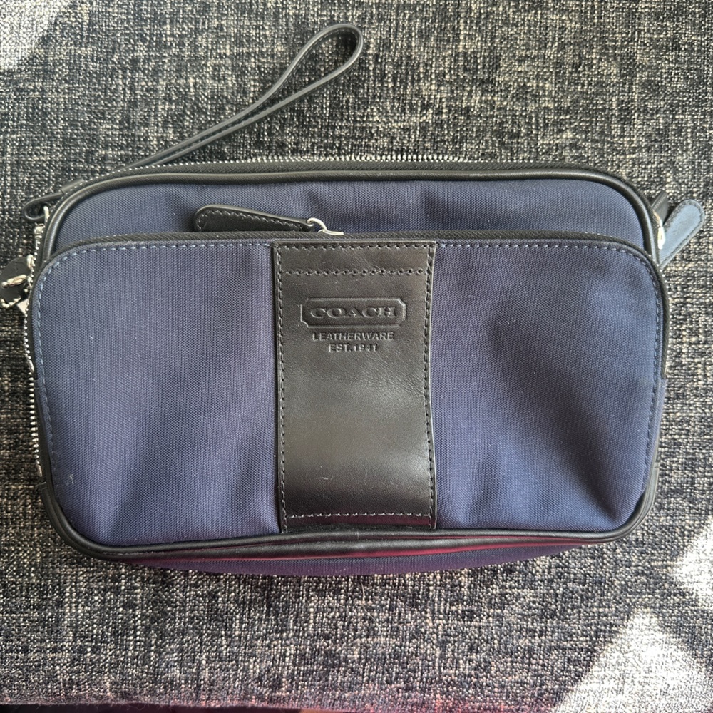 Coach Blue and Black Toiletry Bag with Leather Panel
